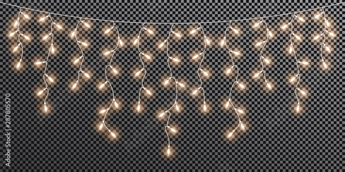 Glowing light bulbs Christmas and New Year. Realistic retro garland isolated on transparent background. Set Xmas decorations for festive design of postcard, banner, poster, website. Vector design