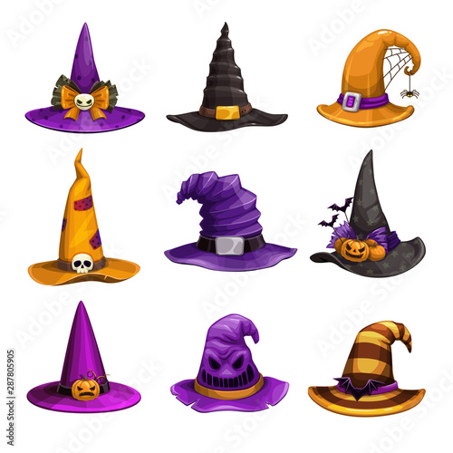 Cartoon witch hats, colorful icons set. Wizard hat collection. Halloween costume element.