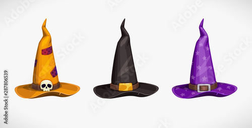 Cartoon witch hat, colorful icons set. Halloween costume element.