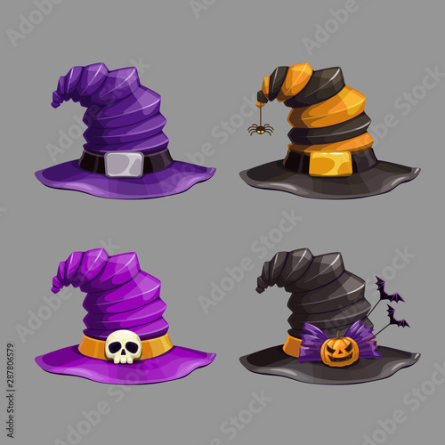 Cartoon witch hat, colorful icons set. Halloween costume element.