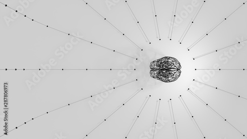 3d render of minimalist grid black brain with radial lines and dots web network on white background top view.