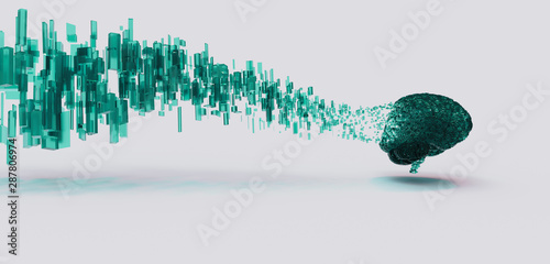 Canvas Print 3d render of green digital brain disolving to floating data cubes, panoramic, minimal concept