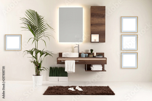 clean bathroom style and interior decorative design  wooden cabinets
