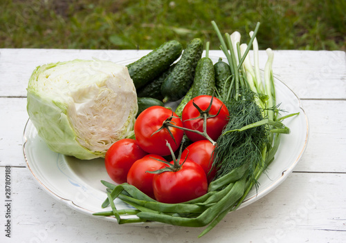 Fresh tasty vegetables from the garden lie on a plate on a white table. Cabbage, cucumbers, tomatoes, onions, dill photo