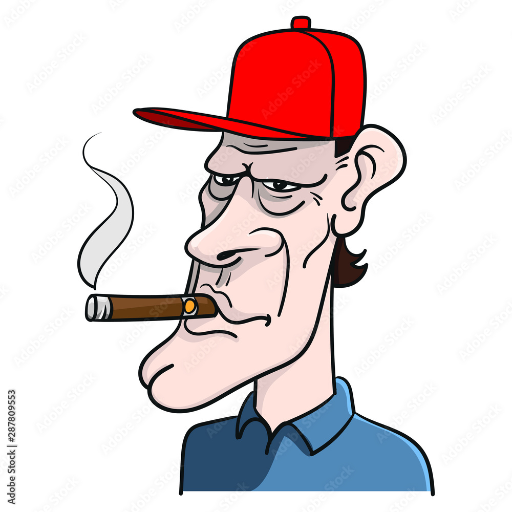 Cartoon of a white American with a thick cigar in his mouth and a red cap  on his head. USA, Ugly, Republican Party. Stock Vector | Adobe Stock