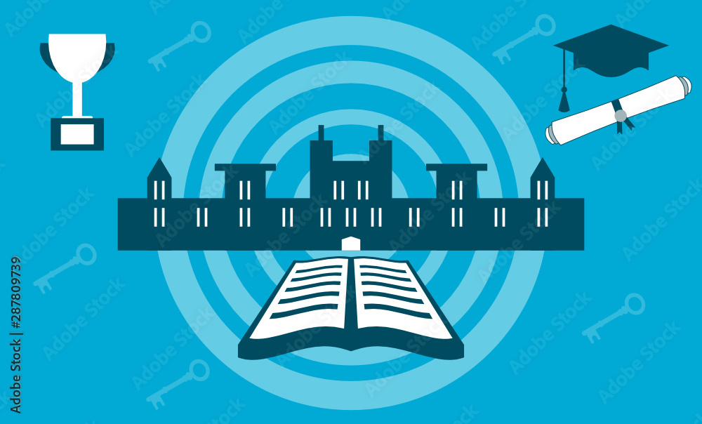 Obraz premium College building with open book, gold cup, diploma and graduation cap. The key to success, power of knowledge, learning. Education goals concept. Target in background. Vector illustration, flat style.