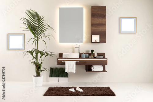 clean bathroom style and interior decorative design  wooden cabinets