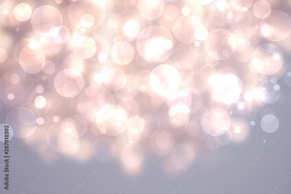 Abstract festive light pink gradient gray silver bokeh background texture with colorful circles and bokeh lights. Beautiful backdrop with space.