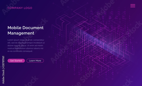 Big data waterfall or cascade, digital binary code data flow analysis visualization, isometric vector illustration. Ultraviolet horizontal banner with streams of numbers, landing page template.