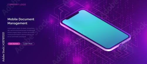 Mobile document manager business concept vector isometric illustration. Online signing of contract on digital smartphone screen, shield and stylus pen, purple landing web page for application