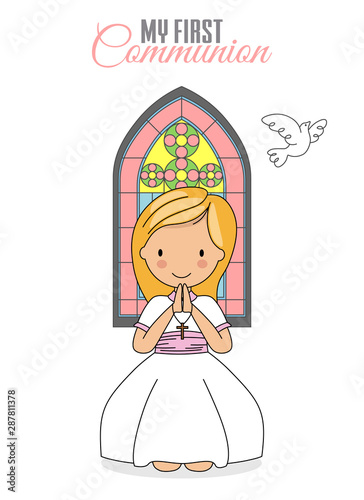 Invitation my first communion. Girl praying with church window behind