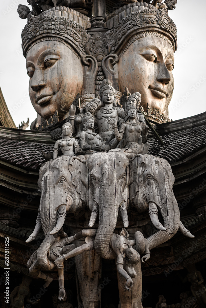 god goddess wood sculpture statue, exterior architecture, Sanctuary of Truth, Thailand