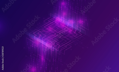 Big data waterfall or cascade, digital binary code data flow analysis visualization, isometric vector illustration. Ultraviolet horizontal banner with streams of numbers, abstract purple background