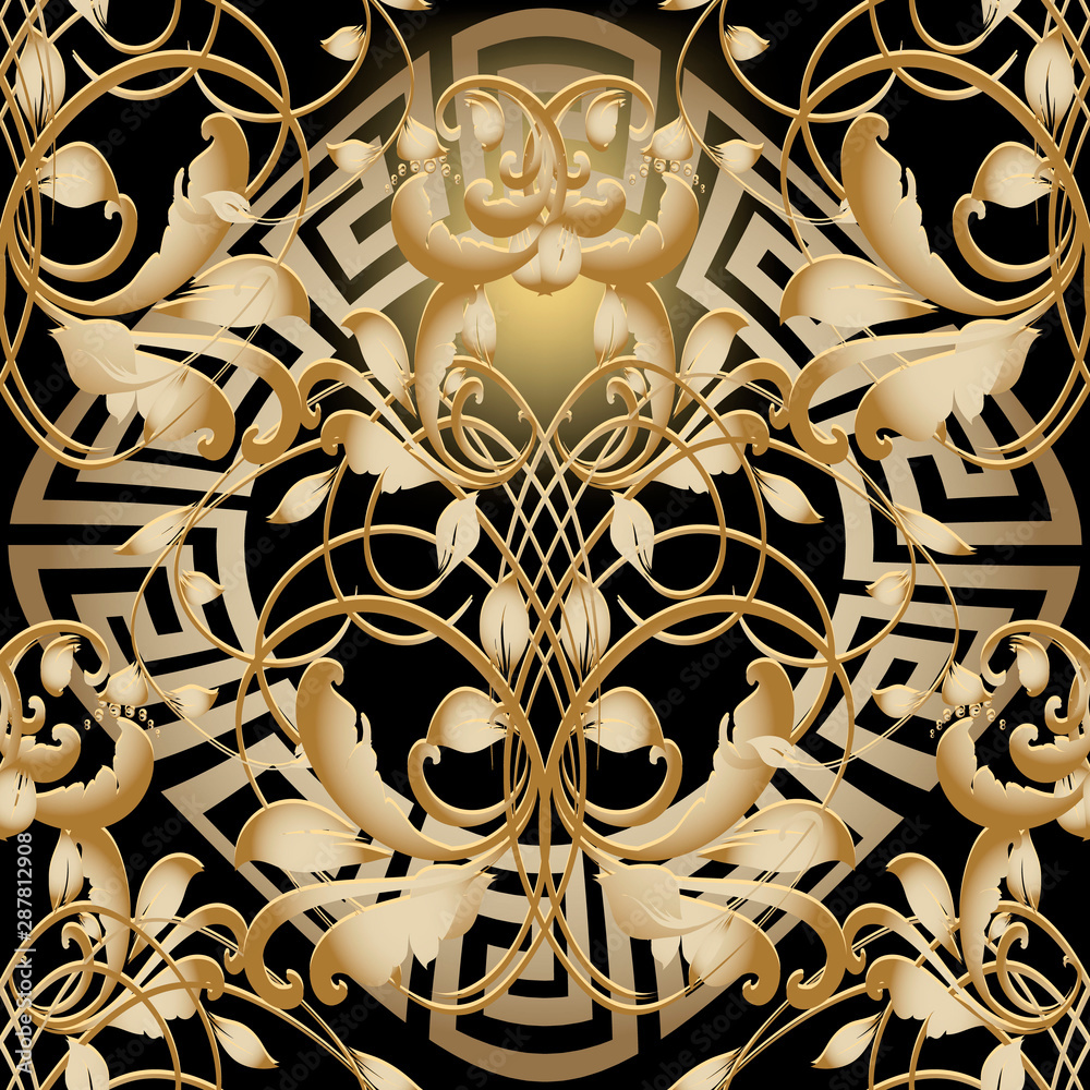 Gold 3d Baroque Renaissance vector seamless pattern. Vintage ornamental ...