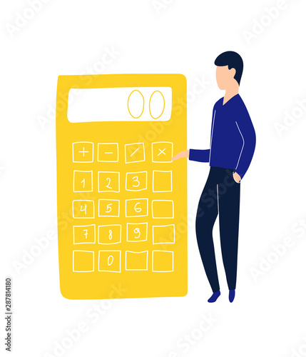 The financier or accountant is counting on a calculator.