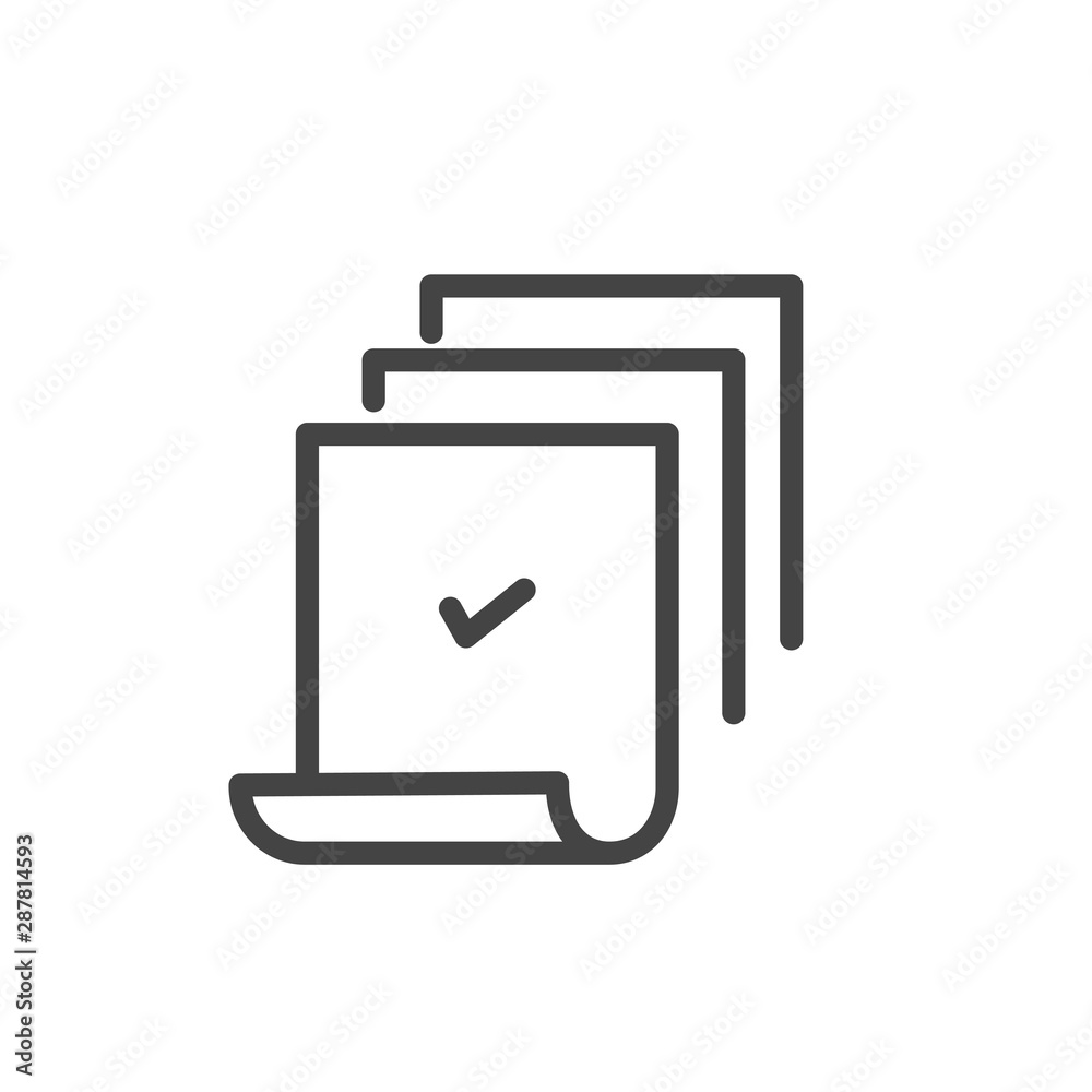 Document with check mark sign. Approve concept minimal icon isolated. Modern outline on white background Document with check mark sign. Approve concept minimal icon isolated. Modern outline on white background