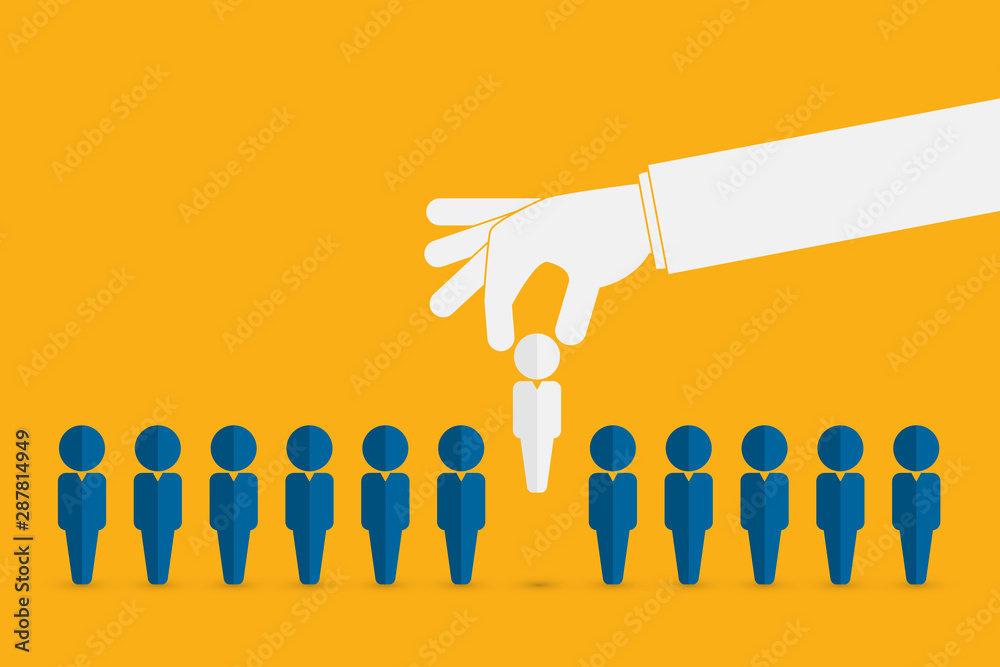 Human resources concept. Hand picking up a candidate, Vector business  - obrazy, fototapety, plakaty 