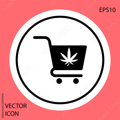 Black Shopping cart with marijuana or cannabis leaf icon isolated on red background. Online buying. Delivery service. Supermarket basket. White circle button. Vector Illustration