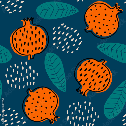 Abstract seamless pattern with stylized cartoon garnets. Design with colorful garnets and leafs. Seamless pattern with fruits in scandinavian style