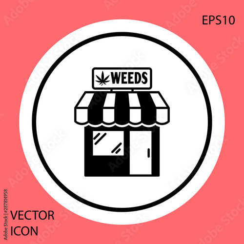 Black Marijuana and cannabis store icon isolated on red background. Equipment and accessories for smoking, storing medical cannabis. White circle button. Vector Illustration
