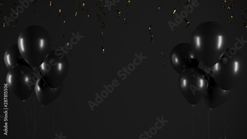 Air balloons on dark background. Horizontal banner with copy space for black friday, advertising of goods and shares. Festive illustration, greeting card for happy birthday, anniversary - 3D, render.
