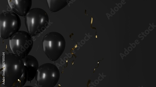 Air balloons on dark background. Horizontal banner with copy space for black friday, advertising of goods and shares. Festive illustration, greeting card for happy birthday, anniversary - 3D, render.