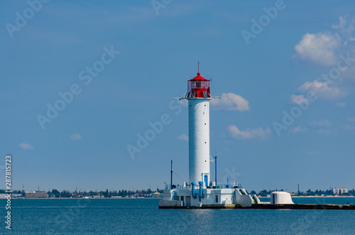 Seascape with lighthouse on the Black Sea in Odesa during the summer season