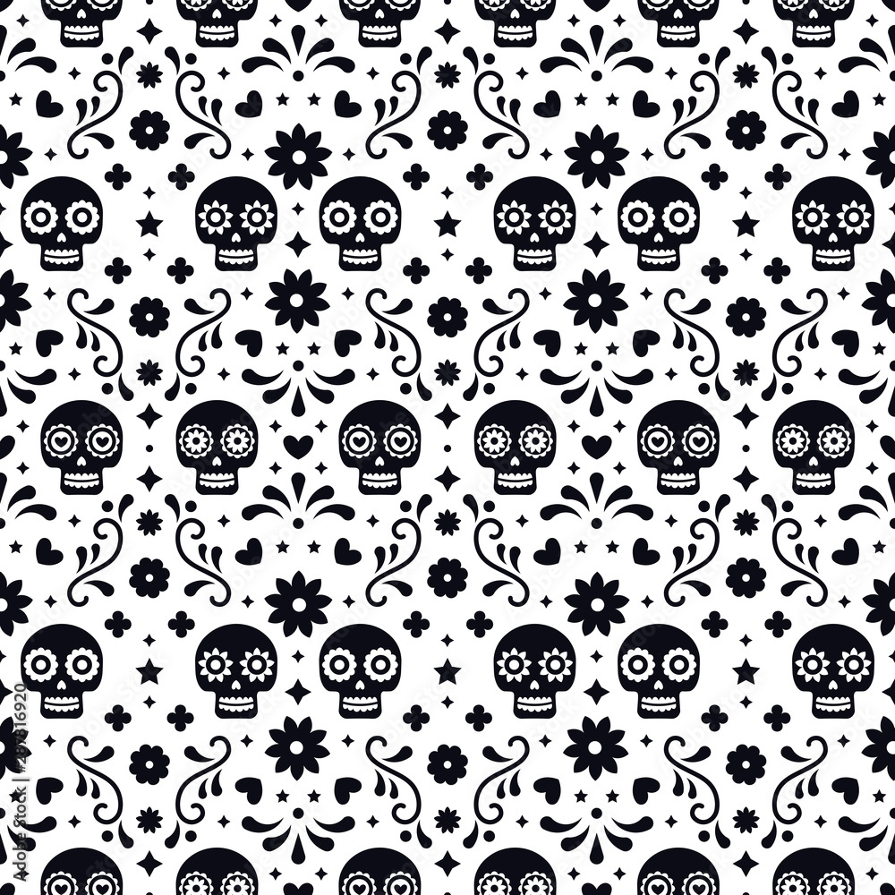 Day of the dead seamless pattern with skulls and flowers on white ...