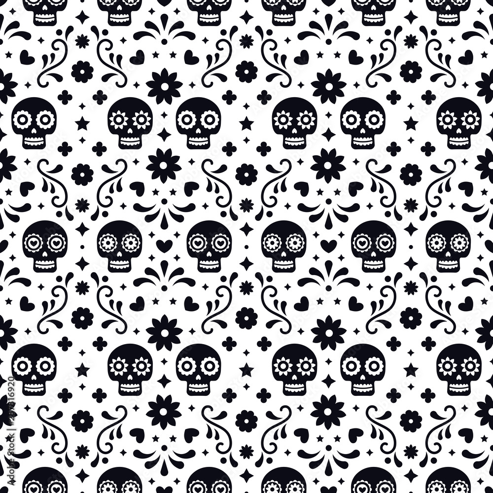 Day of the dead seamless pattern with skulls and flowers on white