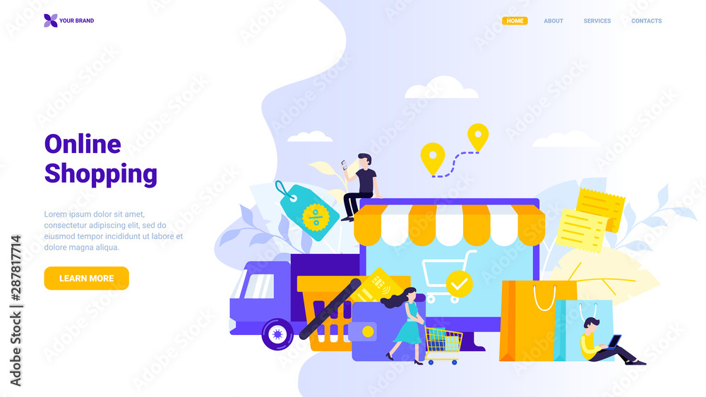Online shopping: landing page or web site concept. Trendy vector illustration with tiny characters, that can be used for web banner, infographics, hero images, header, landing page, website. Online shopping: landing page or web site concept. Trendy vector illustration with tiny characters, that can be used for web banner, infographics, hero images, header, landing page, website.