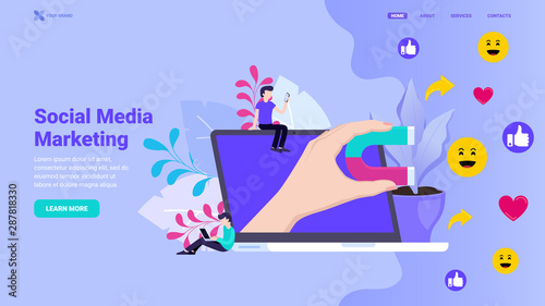 Social media marketing, smm, digital marketing, social networks promotion services web site concept. Flat vector illustration with small characters for landing page, website, hero image, banner.