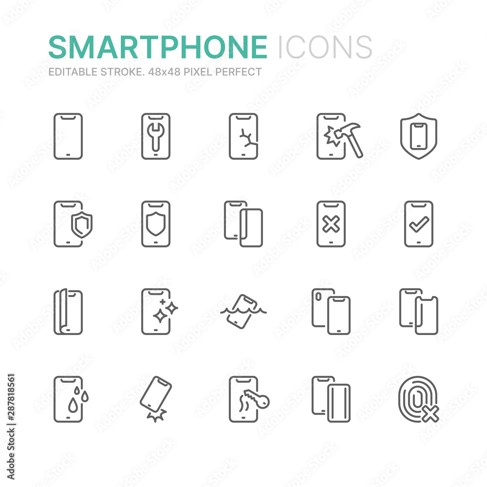 Collection of smartphone protection related line icons. 48x48 Pixel Perfect. Editable stroke Collection of smartphone protection related line icons. 48x48 Pixel Perfect. Editable stroke