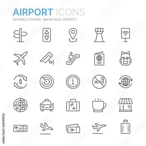 Collection of airport related line icons. 48x48 Pixel Perfect. Editable stroke