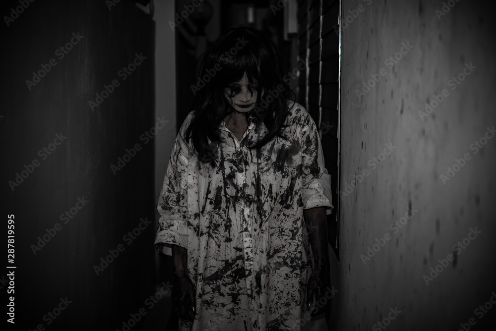 Obraz premium Portrait of asian woman make up ghost face,Horror scene,Scary background,Halloween poster