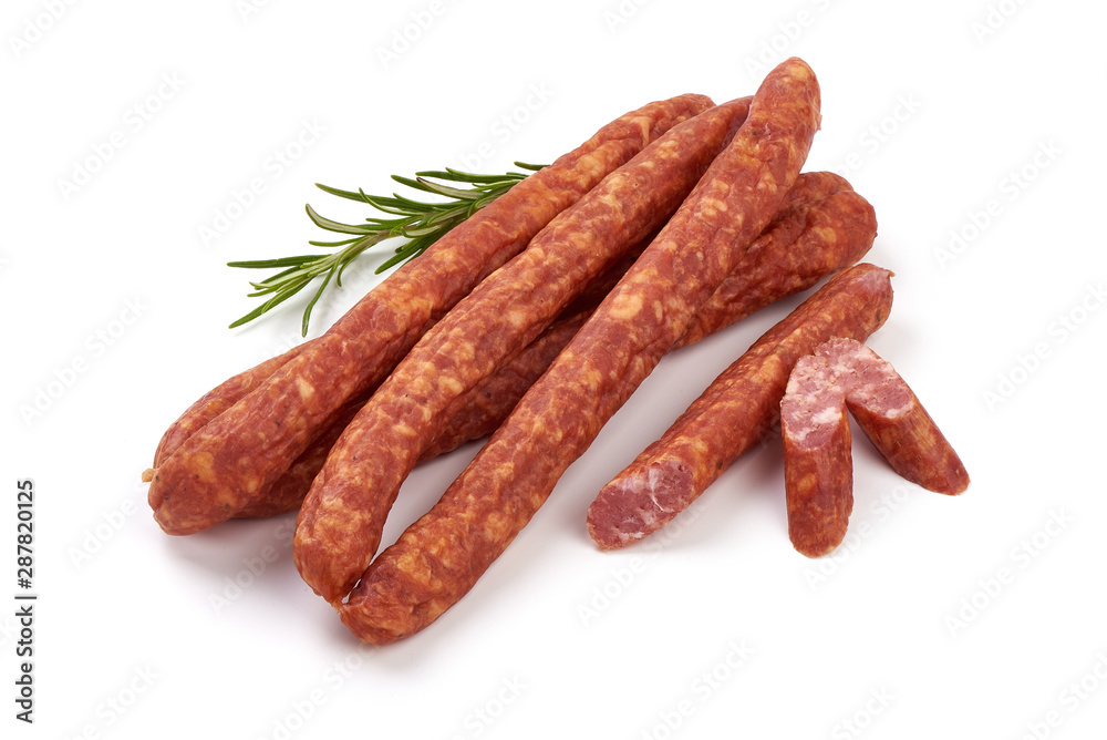 Dried pork sausages, isolated on white background Dried pork sausages, isolated on white background