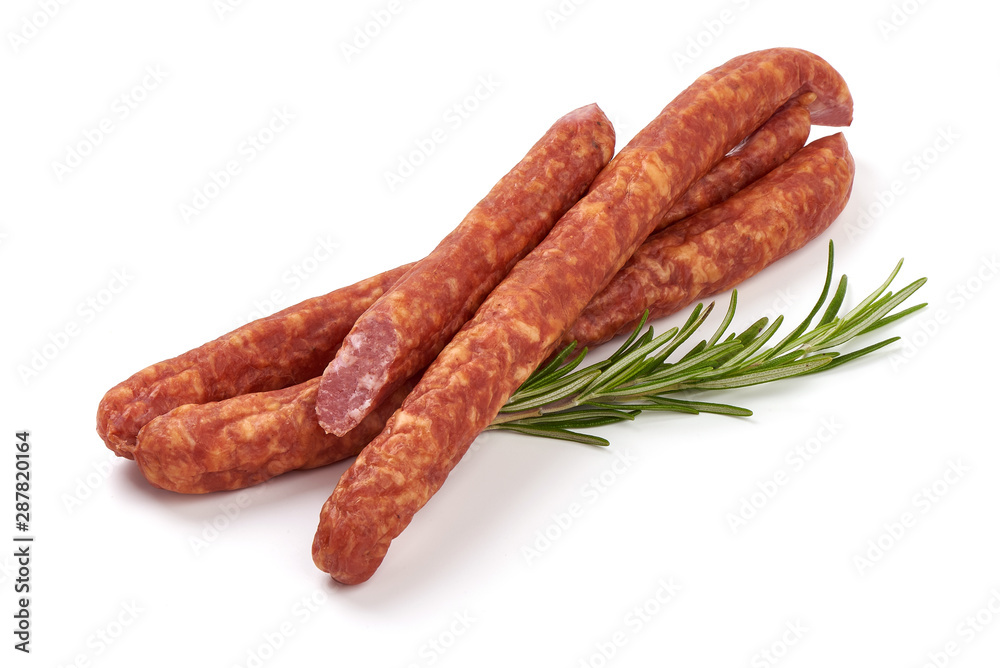 Dry smoked Sausages, isolated on white background Dry smoked Sausages, isolated on white background