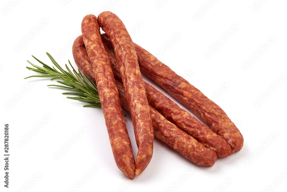Long thin dry sausages, isolated on white background Long thin dry sausages, isolated on white background