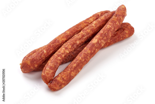 Smoked pork sausages, isolated on white background