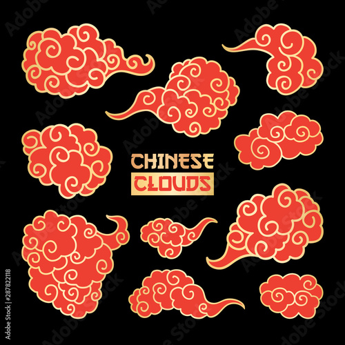 Red Clouds and wind blows hand drawn vector illustration. Smoke isolated clipart. Chinese art abstract drawing. Sketch clouds, overcloud set. Isolated design elements for SVG laser cutting files photo