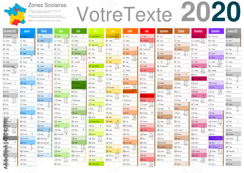 Calendrier 2020 14 mois avec vacances scolaires officielles 2020 / 2021 entièrement modifiable via calques et texte arial	