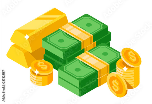 Isometric dollars bundles with gold bars  isolated. Vector isometric money icon on a white background. Money flat icon in isometric style. Money wiith gold illustration of wealth and condition.