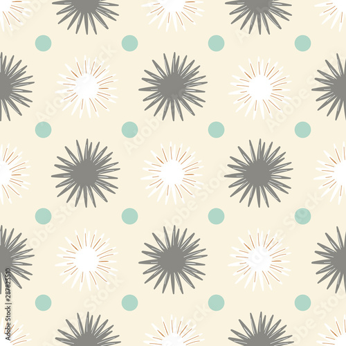 Sunburst shapes background seamless pattern with small polka dots. Vector design in winter colors, light beige and medium gray. Great for Christmas wrapping paper, neutral textiles, fashion and decor.