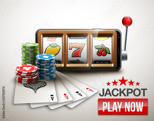 big win illustration Online Jackpot casino Slot machine banner in mobile phone. Chips, playing card, dice. Marketing Luxury Banner Jackpot Online Casino game Slot-machine in Smartphone play now poster