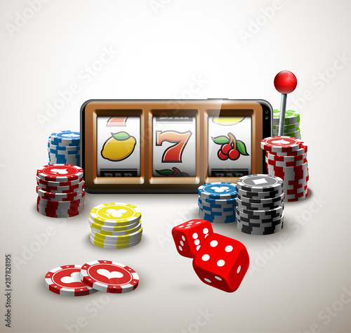 big win illustration Online Jackpot casino Slot machine banner in mobile phone. Chips, playing card, dice. Marketing Luxury Banner Jackpot Online Casino game Slot-machine in Smartphone play now poster
