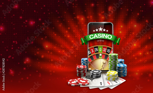 Big win illustration banner on red. Online Jackpot casino roulette in mobile phone. Chips, playing card, dice. Marketing Luxury Banner Jackpot Online Casino game roulette in Smartphone play now poster