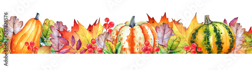 Seamless border with watercolor pumpkins, autumn leaves and berries