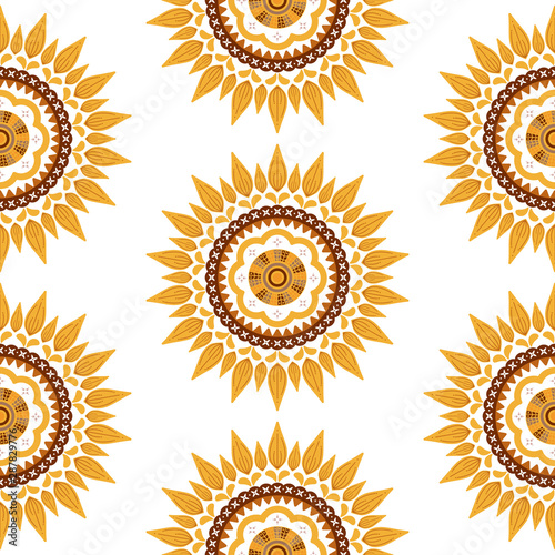 Sunflower floral seamless pattern. folk illustration with nature motif ornament