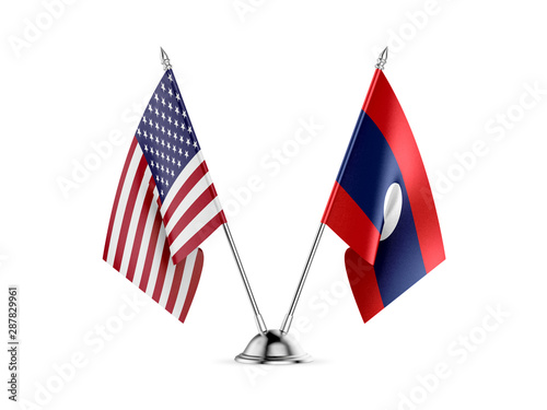 Desk flags, United States America and Laos, isolated on white background. 3d image