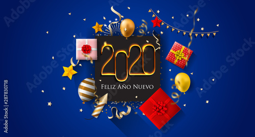 Fototapeta Naklejka Na Ścianę i Meble -  2020 New Year Spanish greeting card (Feliz Año Nuevo 2020). Spanish 2020 New Year Version. Spanish 2020 Happy New Year background Version.