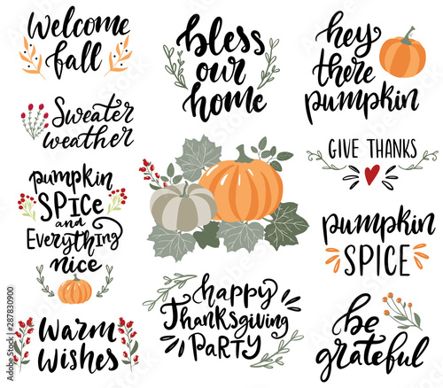 Canvas Print Set of hand drawn lettering fall, autumn and Thanksgiving quotes and pharses for cards, banners, posters design
